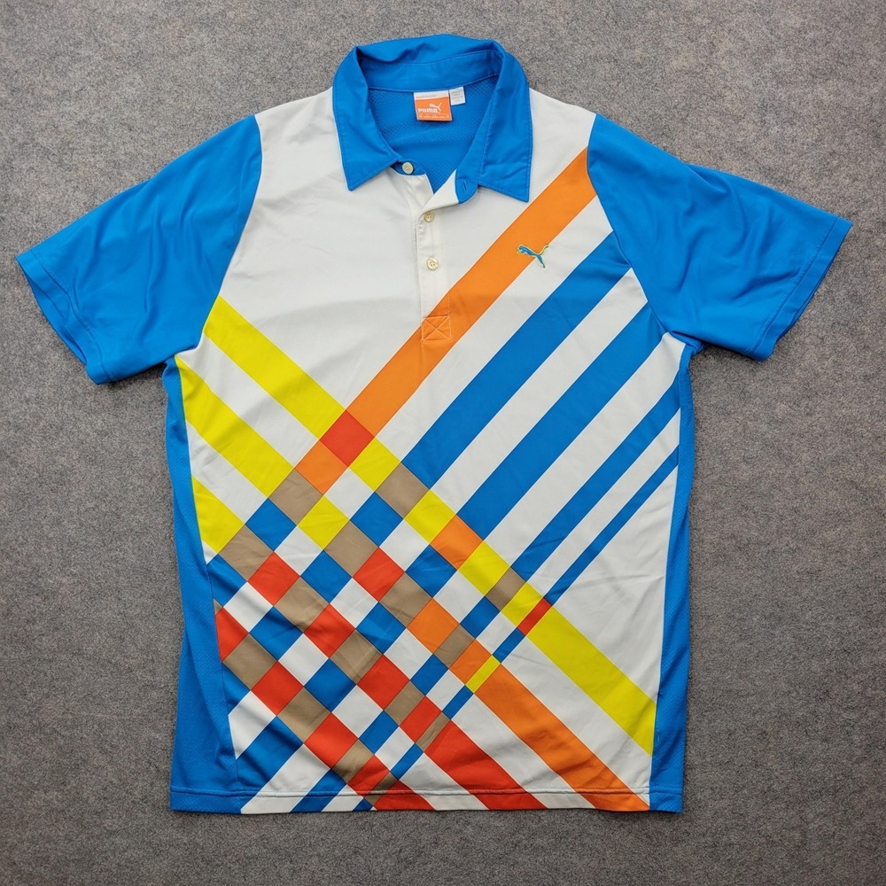 Puma Polo Shirt Mens Medium Blue Multicolor Argyle Print Golf Performance Top